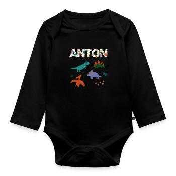 ANTON - Beau prénom de garçon avec dinosaure - Body Bébé bio manches longues - noir - Devant