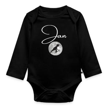 JAN - Beautiful boy name with dinosaur - Organic Longsleeve Baby Bodysuit - black - Front