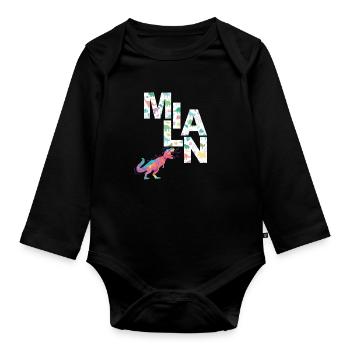 MILAN - Schöner Jungen Name mit Dinosaurier - Baby Bio-Langarm-Body - Schwarz - Vorne