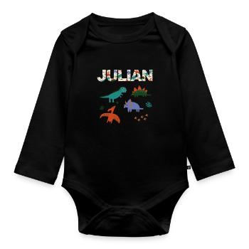 JULIAN - Beautiful boy name with dinosaur - Organic Longsleeve Baby Bodysuit - black - Front