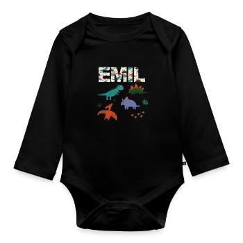 EMIL - Beautiful boy name with dinosaur - Organic Longsleeve Baby Bodysuit - black - Front