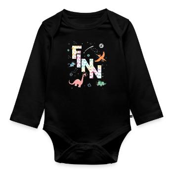 FINN - Beau prénom de garçon avec dinosaure - Body Bébé bio manches longues - noir - Devant