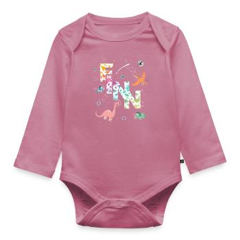 FINN - Beautiful boy name with dinosaur - Organic Longsleeve Baby Bodysuit - mauve - Front