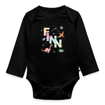 FINN - Beautiful boy name with dinosaur - Organic Longsleeve Baby Bodysuit - black - Front