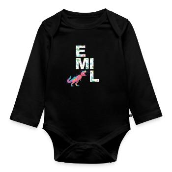 EMIL - Beautiful boy name with dinosaur - Organic Longsleeve Baby Bodysuit - black - Front