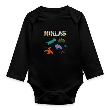 NIKLAS - Schöner Jungen Name mit Dinosaurier - Baby Bio-Langarm-Body - Schwarz - Vorne