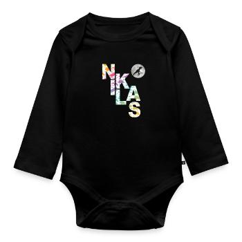 NIKLAS - Beautiful boy name with dinosaur - Organic Longsleeve Baby Bodysuit - black - Front