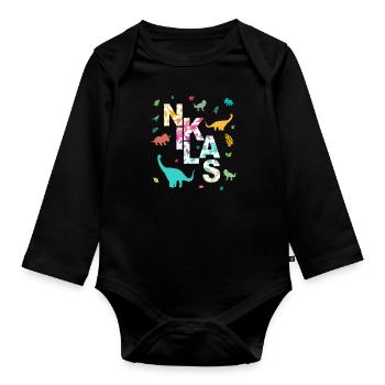 NIKLAS - Beautiful boy name with dinosaur - Organic Longsleeve Baby Bodysuit - black - Front
