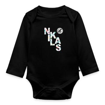NIKLAS - Schöner Jungen Name mit Dinosaurier - Baby Bio-Langarm-Body - Schwarz - Vorne