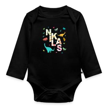 NIKLAS - Schöner Jungen Name mit Dinosaurier - Baby Bio-Langarm-Body - Schwarz - Vorne
