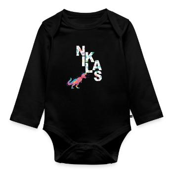 NIKLAS - Beautiful boy name with dinosaur - Organic Longsleeve Baby Bodysuit - black - Front