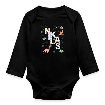 NIKLAS - Schöner Jungen Name mit Dinosaurier - Baby Bio-Langarm-Body - Schwarz - Vorne