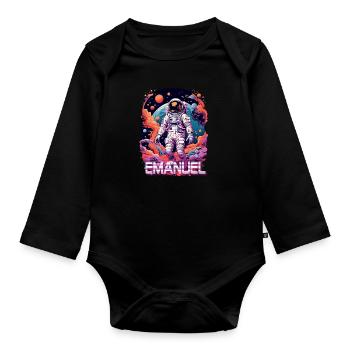 EMANUEL - Beau prénom de garçon avec astronaute cool - Body Bébé bio manches longues - noir - Devant