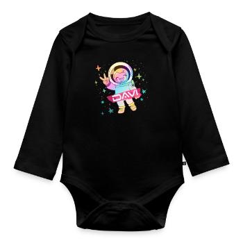 DAVI - Schöner Jungen Name mit süßem Astronaut - Baby Bio-Langarm-Body - Schwarz - Vorne