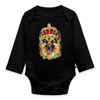 Proud German Shepherd with Crown and Sunflowers - Organic Longsleeve Baby Bodysuit - black - Front