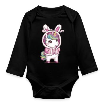 Kawaii Einhorn mit süßem Häschen Outfit - Baby Bio-Langarm-Body - Schwarz - Vorne