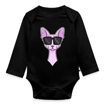 Chat cool avec lunettes de soleil - race de chat Sphynx - Body Bébé bio manches longues - noir - Devant
