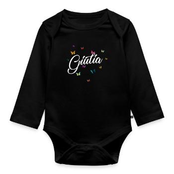 GIULIA - Mädchen Name mit bunten Schmetterlingen - Baby Bio-Langarm-Body - Schwarz - Vorne
