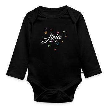 LIVIA - Mädchen Name mit bunten Schmetterlingen - Baby Bio-Langarm-Body - Schwarz - Vorne