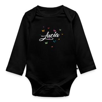 LUCIA - Girl Name with Colorful Butterflies - Organic Longsleeve Baby Bodysuit - black - Front