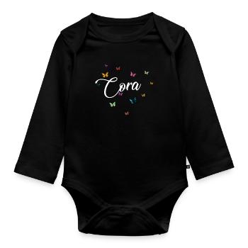 CORA - Mädchen Name mit bunten Schmetterlingen - Baby Bio-Langarm-Body - Schwarz - Vorne