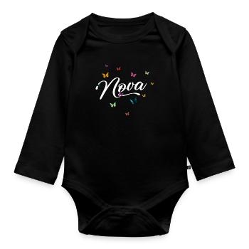 NOVA - Girl Name with Colorful Butterflies - Organic Longsleeve Baby Bodysuit - black - Front