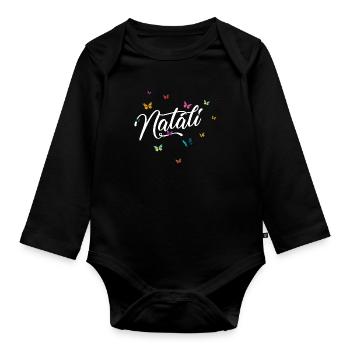 NATALI - Mädchen Name mit bunten Schmetterlingen - Baby Bio-Langarm-Body - Schwarz - Vorne