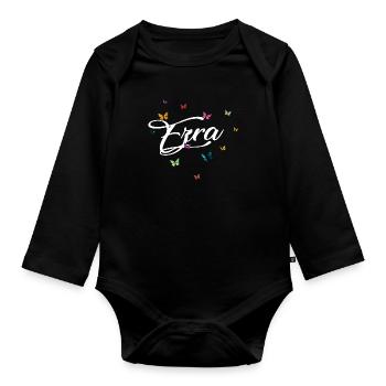 EZRA - Girl Name with Colorful Butterflies - Organic Longsleeve Baby Bodysuit - black - Front
