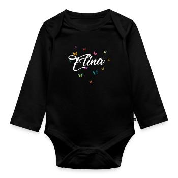 ELINA - Girl Name with Colorful Butterflies - Organic Longsleeve Baby Bodysuit - black - Front