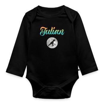 JULIAN - Beautiful boy name with dinosaur - Organic Longsleeve Baby Bodysuit - black - Front