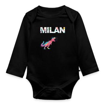 MILAN - Schöner Jungen Name mit Dinosaurier - Baby Bio-Langarm-Body - Schwarz - Vorne
