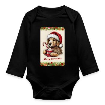 Weihnachts-Welpe mit heißer Schokolade - Baby Bio-Langarm-Body - Schwarz - Vorne