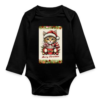 Chat de Noël au chocolat chaud - Body Bébé bio manches longues - noir - Devant