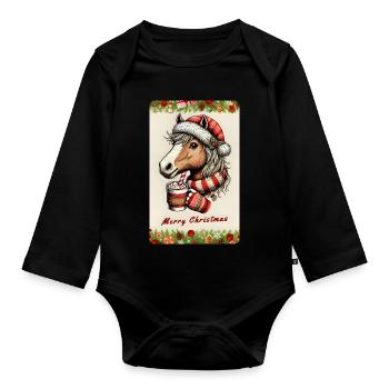 Cheval de Noël au chocolat chaud - Body Bébé bio manches longues - noir - Devant