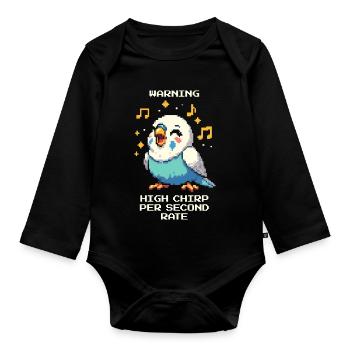 Warnung: Hohe Zwitscherfrequenz | Wellensittich - Baby Bio-Langarm-Body - Schwarz - Vorne