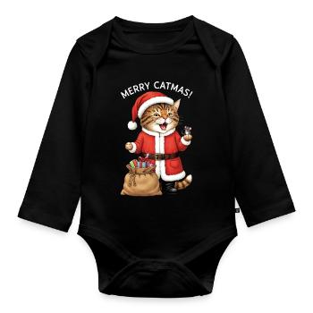 Cat Christmas Merry Catmas Santa Funny Cute - Organic Longsleeve Baby Bodysuit - black - Front