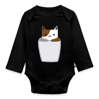 Brusttasche mit Katze - Baby Bio-Langarm-Body - Schwarz - Vorne