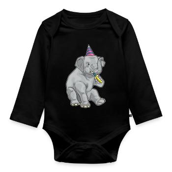 Elefant Geburtstag Tröte - Baby Bio-Langarm-Body - Schwarz - Vorne