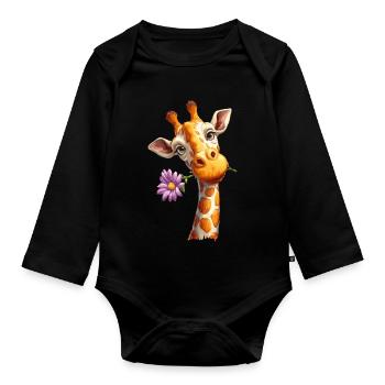Giraffe with flower - Organic Longsleeve Baby Bodysuit - black - Front