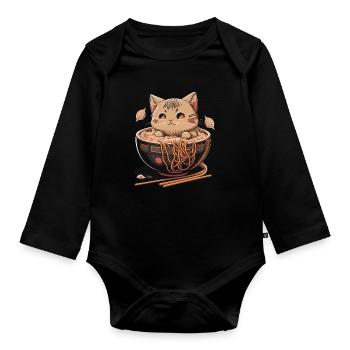 Kawaii Neko Cat mangeant des nouilles ramen Cuisine japonaise - Body Bébé bio manches longues - noir - Devant