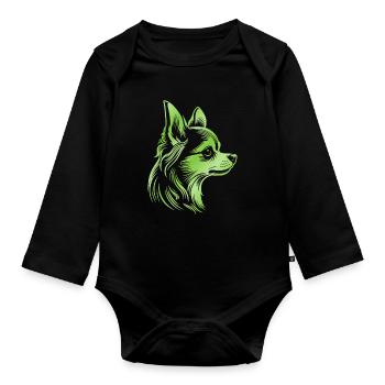 Chihuahua, longhair, dog head, drawing pink - Organic Longsleeve Baby Bodysuit - black - Front