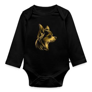 Chihuahua, long hair, dog head, drawing gold - Organic Longsleeve Baby Bodysuit - black - Front