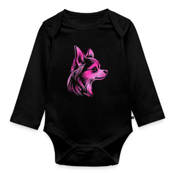 Chihuahua, longhair, dog head, drawing pink - Organic Longsleeve Baby Bodysuit - black - Front