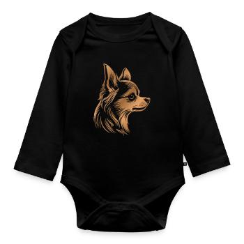 Chihuahua, longhair, dog head, drawing bronze - Organic Longsleeve Baby Bodysuit - black - Front