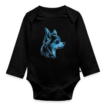 Chihuahua, Long Hair, Dog Head, Blue Drawing - Organic Longsleeve Baby Bodysuit - black - Front