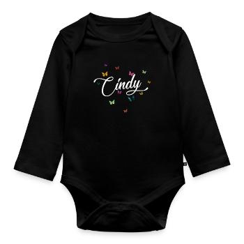 CINDY - Mädchen Name mit bunten Schmetterlingen - Baby Bio-Langarm-Body - Schwarz - Vorne