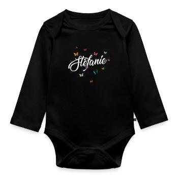 STEFANIE - Girl Name with Colorful Butterflies - Organic Longsleeve Baby Bodysuit - black - Front