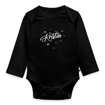 KRISTIN - Nom de fille avec des papillons colorés - Body Bébé bio manches longues - noir - Devant