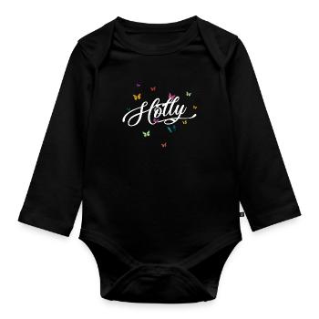 HOLLY - Mädchen Name mit bunten Schmetterlingen - Baby Bio-Langarm-Body - Schwarz - Vorne