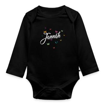 JANNAH - Mädchen Name mit bunten Schmetterlingen - Baby Bio-Langarm-Body - Schwarz - Vorne